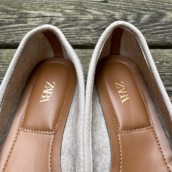 Shoes: Zara Oatmeal Square Toe Felt Ballet Flats with Bow - Picture 6 of 7